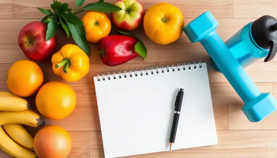 Healthy lifestyle flat lay with fruits, notebook, dumbbells, and water bottle