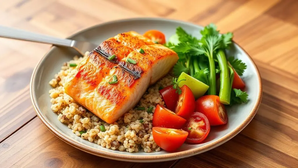 Healthy balanced meal with salmon, brown rice, and steamed vegetables