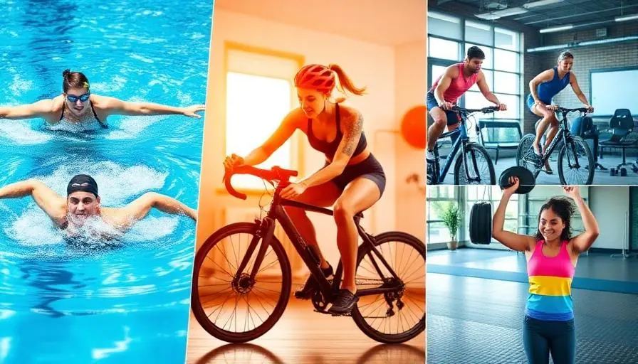 Collage of various exercise activities including swimming, cycling, and group fitness