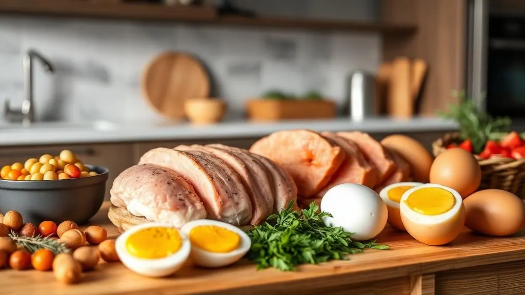High protein foods including eggs, chicken, fish, and legumes for building lean muscle mass