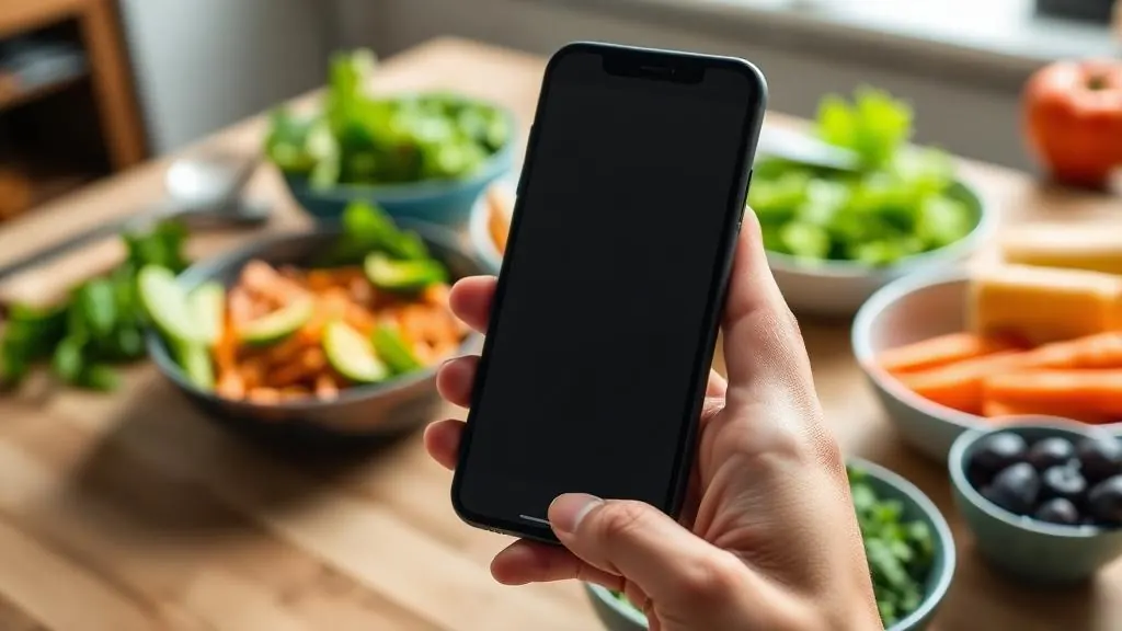 Person using nutrition tracking app on smartphone near healthy food