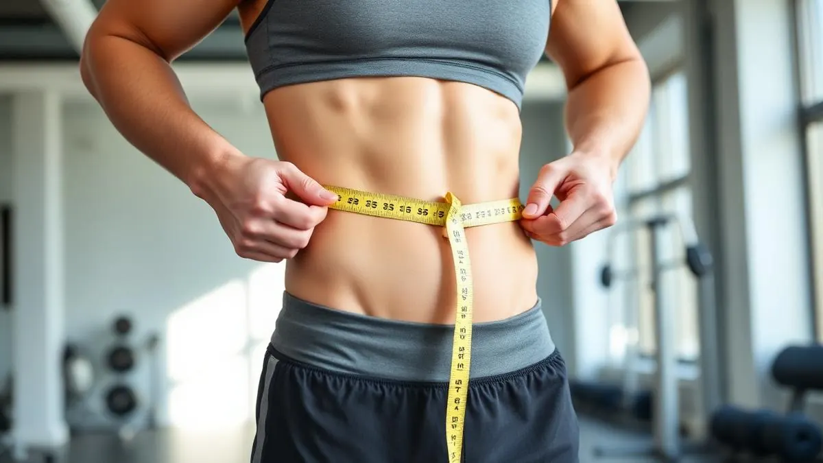 Person measuring waist circumference with tape measure in a gym