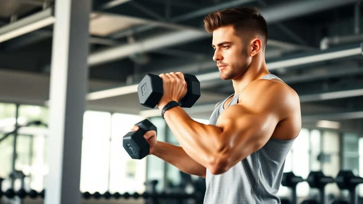 Man performing dumbbell bicep curls in a modern gym