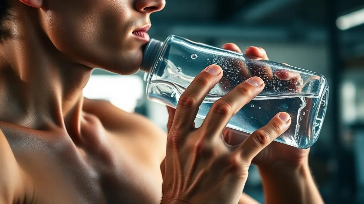 Person drinking water from a glass bottle after a workout