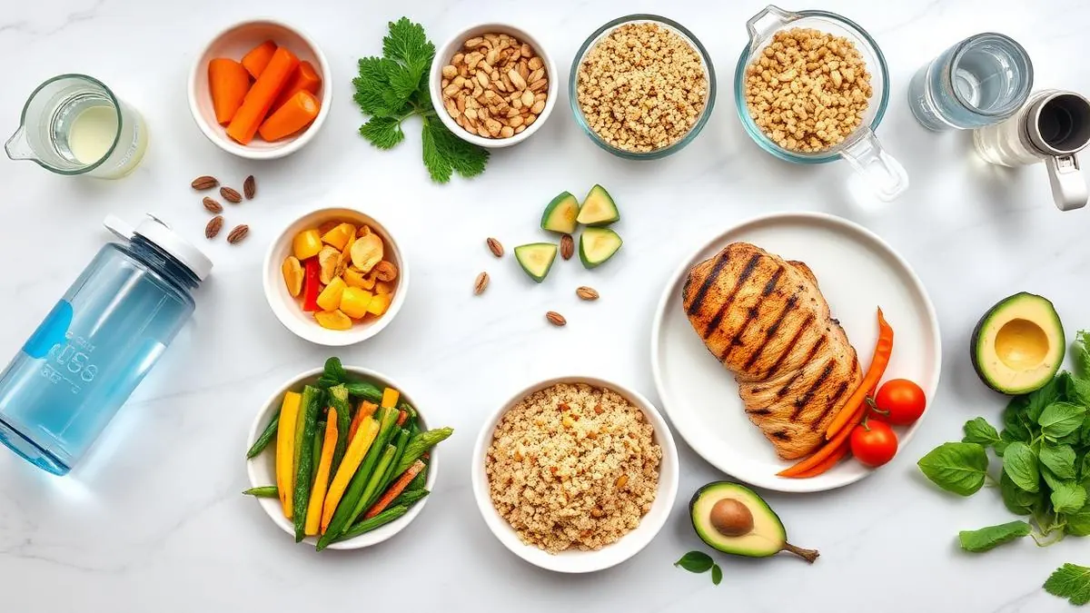 Healthy meal prep with grilled chicken, quinoa, vegetables, and a water bottle