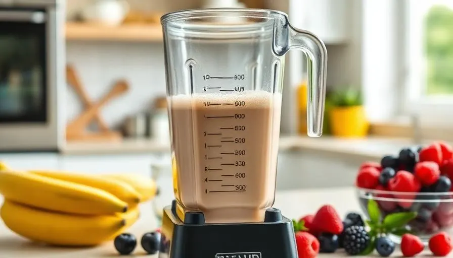 Protein shake being blended with fruits and whey powder in a kitchen