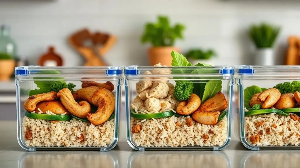 Meal prep containers with high-protein meals including chicken, rice, and vegetables