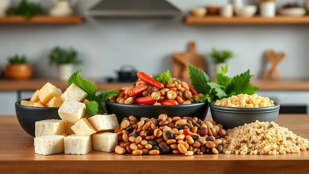 Plant-based protein sources including lentils, tofu, quinoa, and legumes