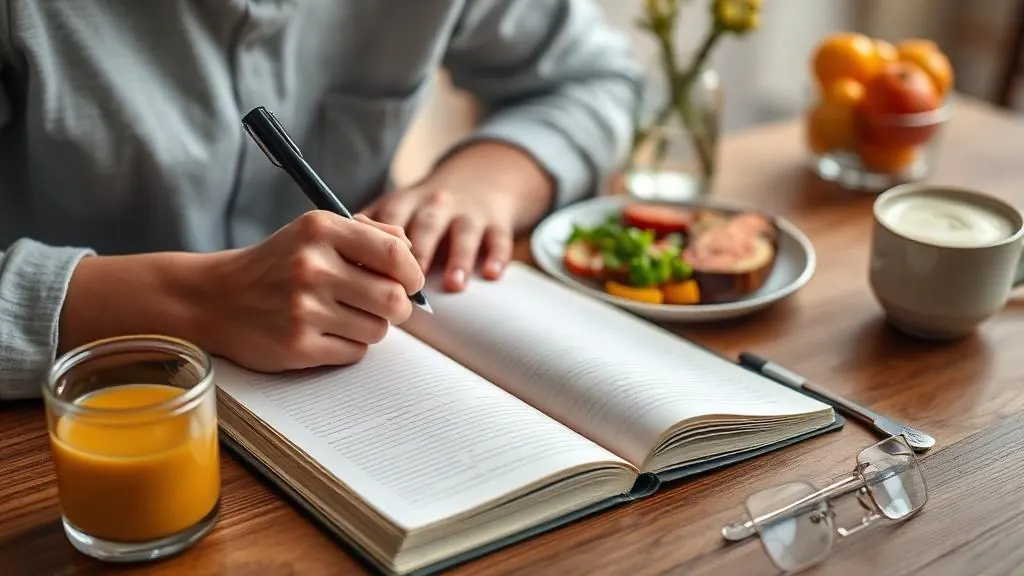 Person writing in food journal with healthy breakfast on table