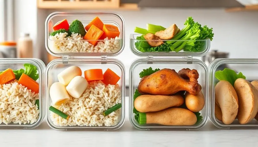 Healthy meal prep containers with balanced portions of protein, carbs, and vegetables