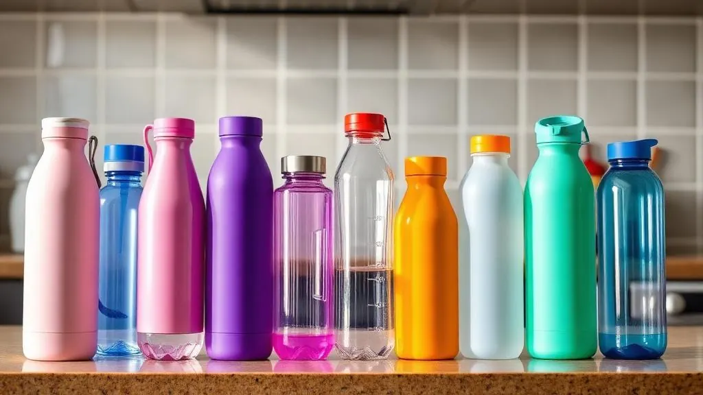 Various water bottles and glasses arranged on a table for comparison