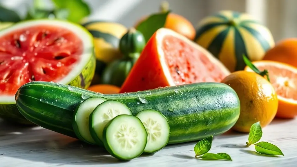 Colorful fruits and vegetables with high water content including watermelon and cucumber